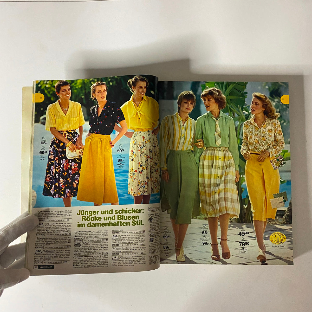Interior page of the 1979 Neckermann Sommer Catalog highlighting women's trendy skirts and blouses, featuring model presentation and product details.