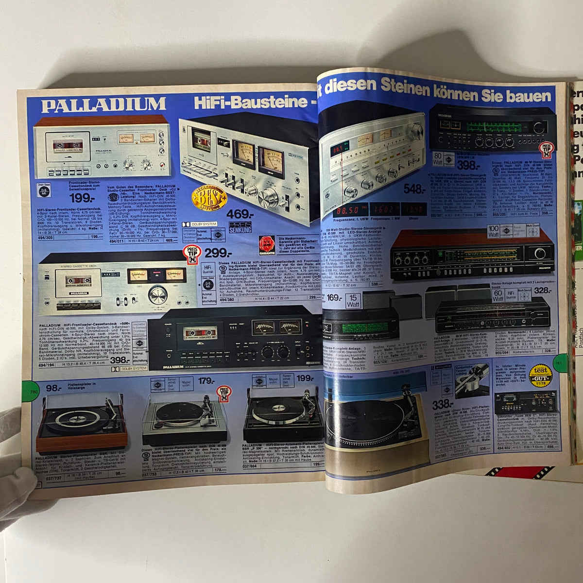 1979 Neckermann Sommer Catalog highlighting high-fidelity audio equipment including tape recorders and turntables popular during the disco era.