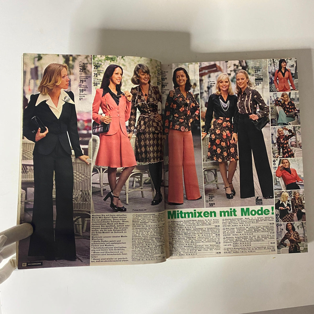 Interior pages of the 1974-1975 Neckermann Winter Catalog displaying various women's fashion looks from the 1970s.