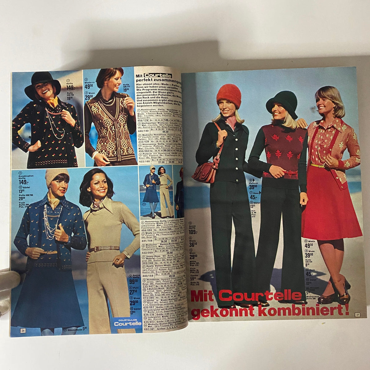 1974-1975 Neckermann Winter Catalog showcasing vintage winter fashion, featuring models in stylish winter outfits including sweaters, hats, and accessories.