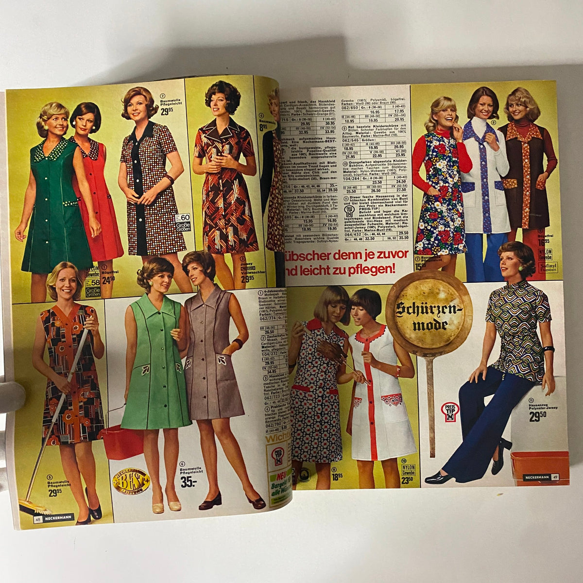 1974-1975 Neckermann Winter Catalog displaying a variety of 1970s ladies' dresses in vibrant patterns, highlighting the fashion trends of the era.