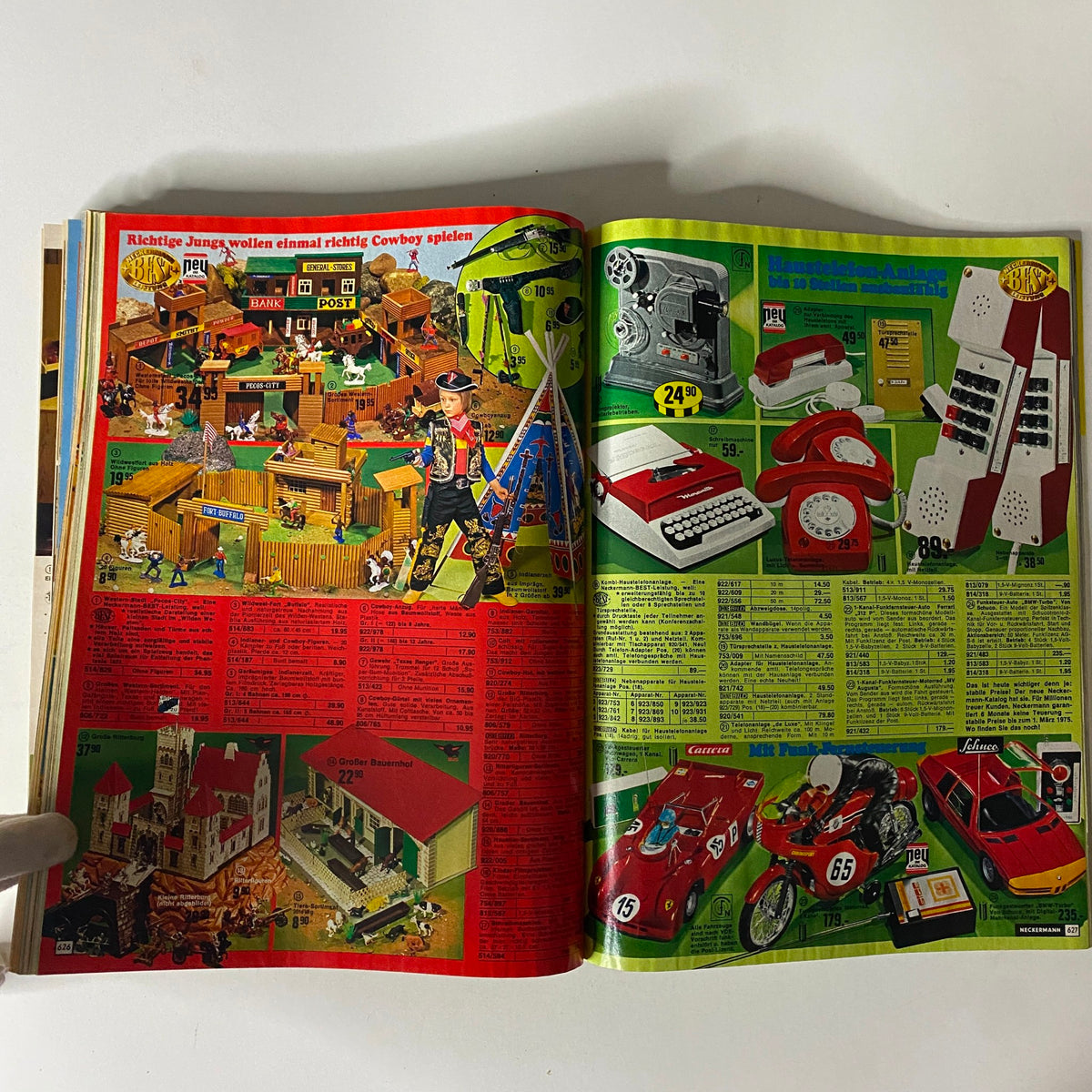 1974-1975 Neckermann Winter Catalog showing a colorful array of toys and playsets, including cowboy-themed items and electronics, appealing to children's play preferences.
