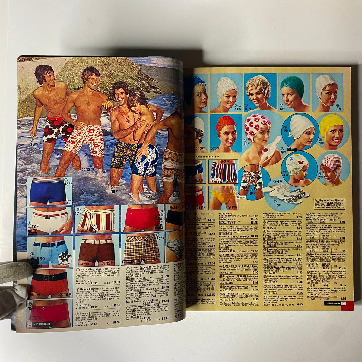 A lively page from the 1971 Neckermann Sommer Catalog featuring swimwear and swim caps modeled by young adults in a beach setting.