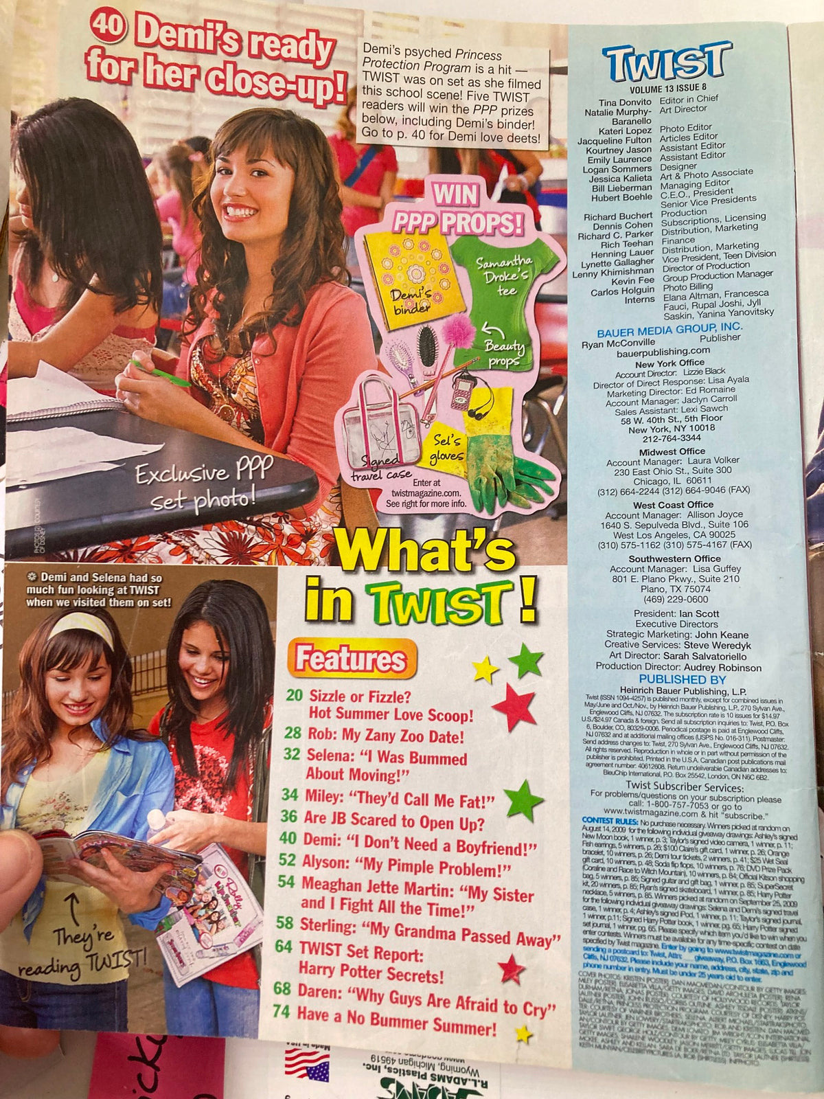 Inside page of Twist Magazine August 2009 featuring exciting articles and features, including a section titled 'What's in TWIST?' showcasing fun insights covering celebrity gossip and advice.
