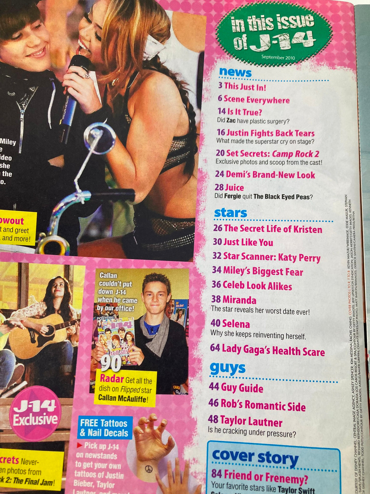 Contents section of J-14 Twi-Hard Magazine September 2010 featuring articles about celebrities, entertainment news, and features popular among teens.