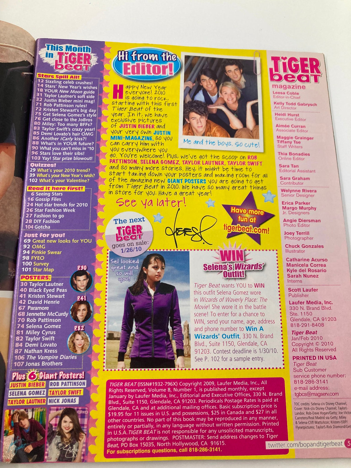 Tiger Beat Magazine January 2010 Vol 8 #1 featuring Justin Bieber and Taylor Swift, showcasing a vibrant layout with editorial highlights and a competition to win Selena's Wizards! This magazine is in acceptable condition and comes with a protective covering.