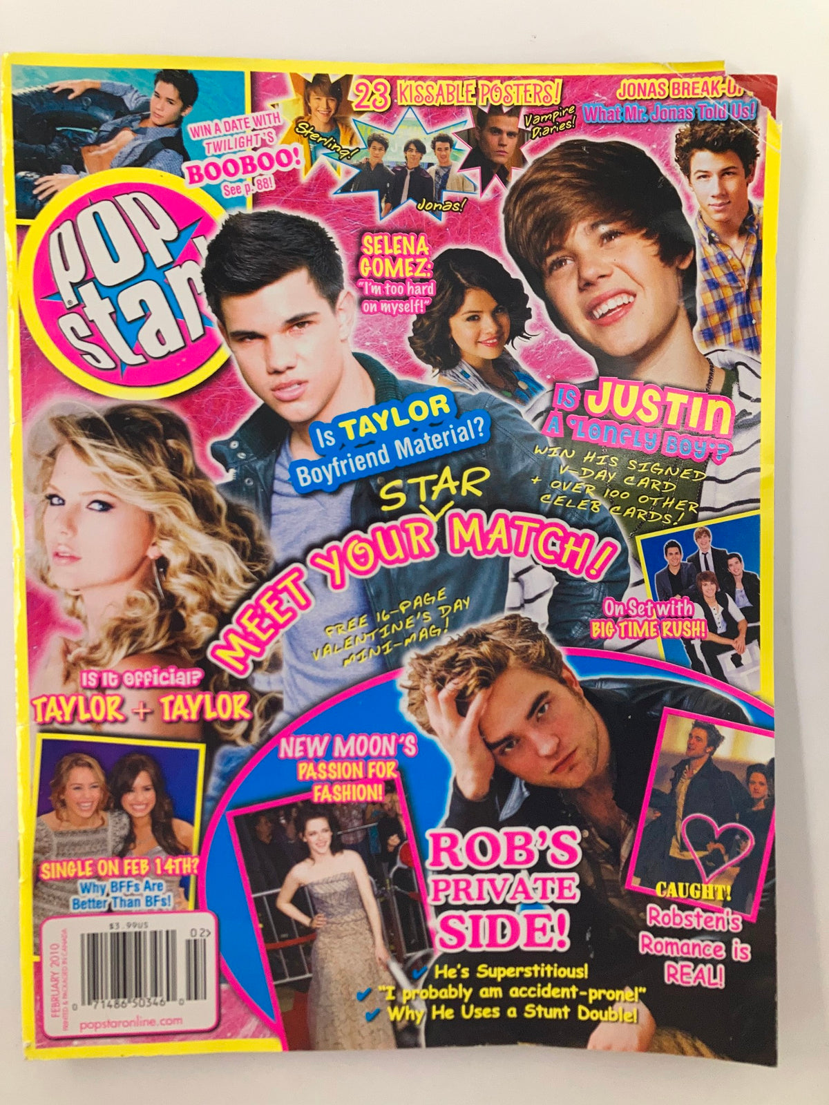 Pop Star Magazine February 2010 featuring Taylor Swift and Taylor Lautner, cover showcasing various teen celebrities and vibrant colors.