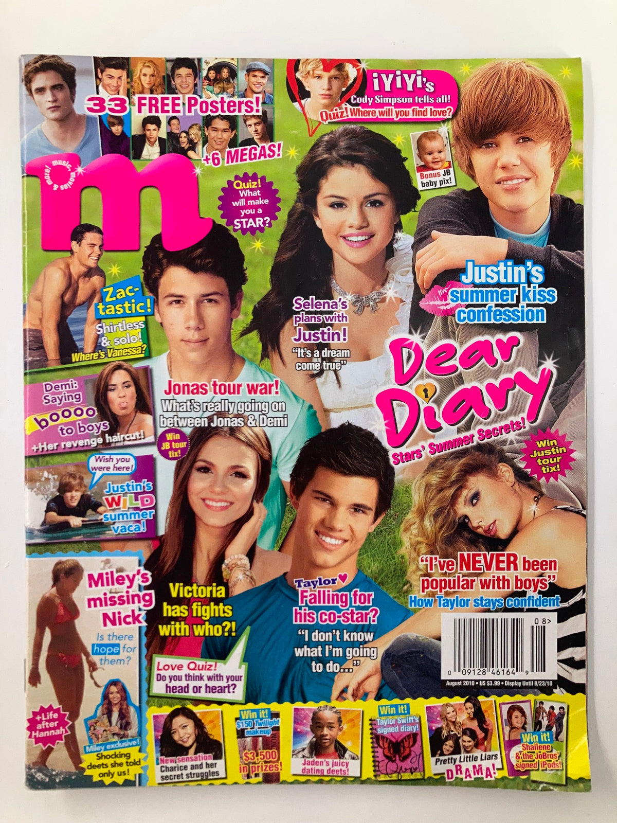 Cover of M Magazine August 2010 featuring Selena Gomez, Justin Bieber, and Taylor Lautner, showcasing vibrant teen pop culture with varied articles and colorful design.