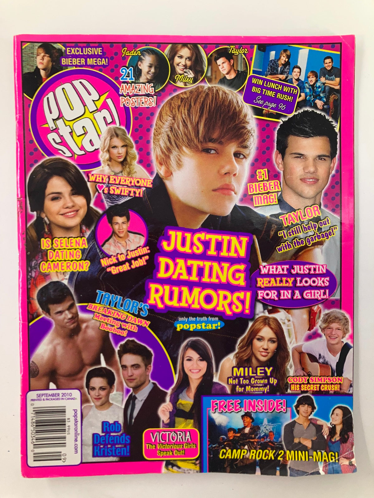 Pop Star Magazine September 2010 cover featuring Justin Bieber, Miley Cyrus, and highlights about dating rumors and exclusive interviews.
