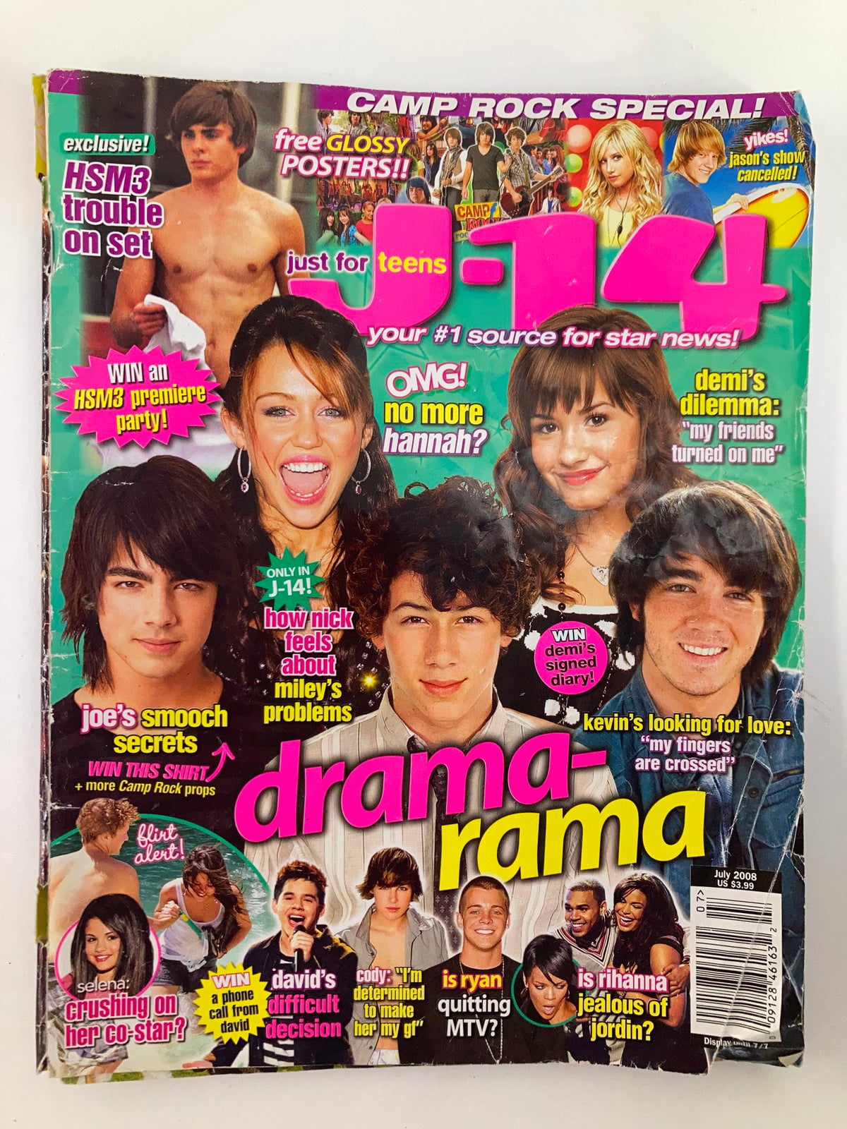 Just 4-Teens Magazine Cover July 2008 featuring Nick Jonas, Demi Lovato, and Miley Cyrus, highlighting teen pop culture and drama from the mid-2000s.