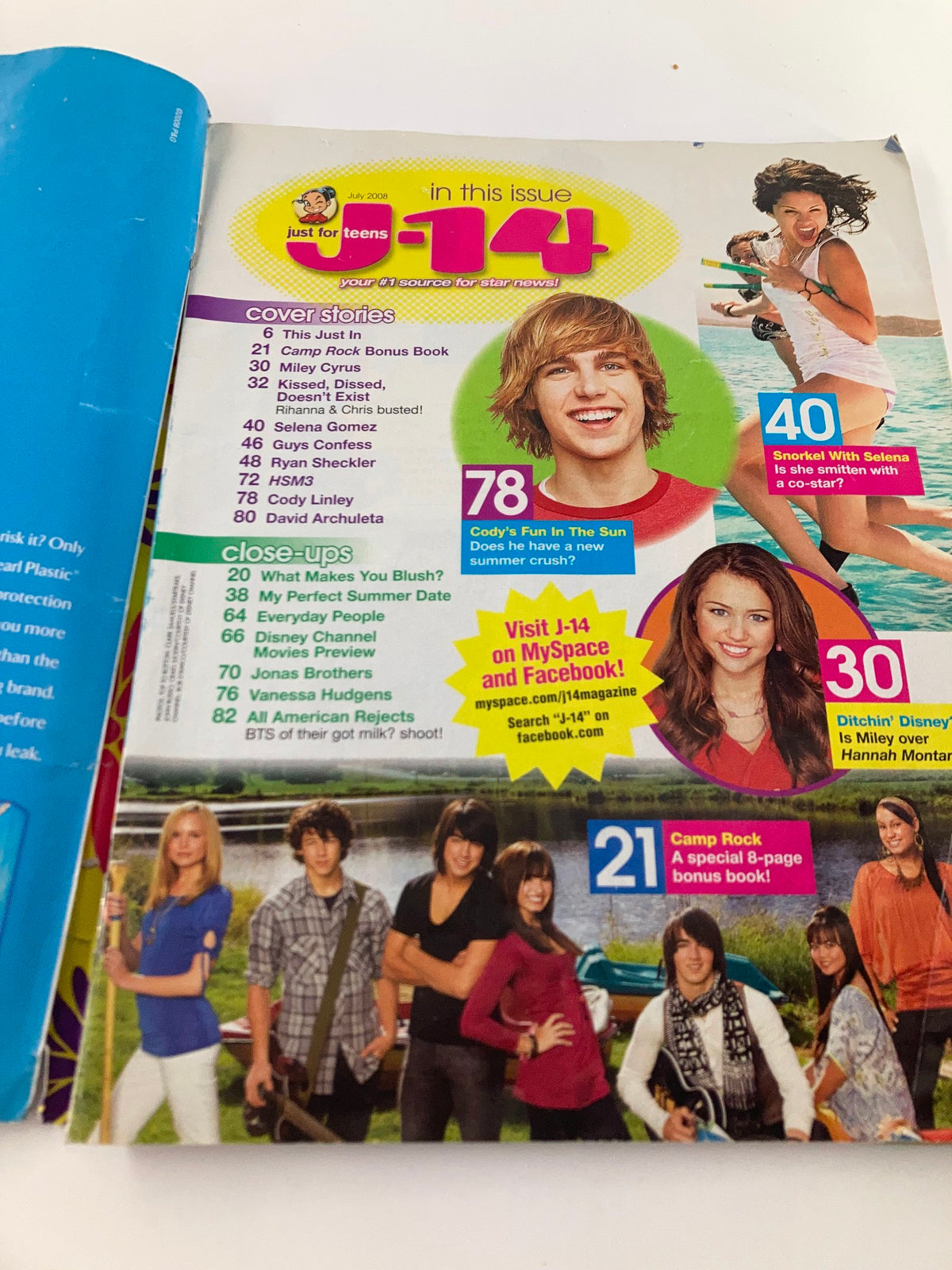 Table of contents from Just 4-Teens Magazine July 2008, featuring content highlights and celebrity features, including a special Camp Rock section.