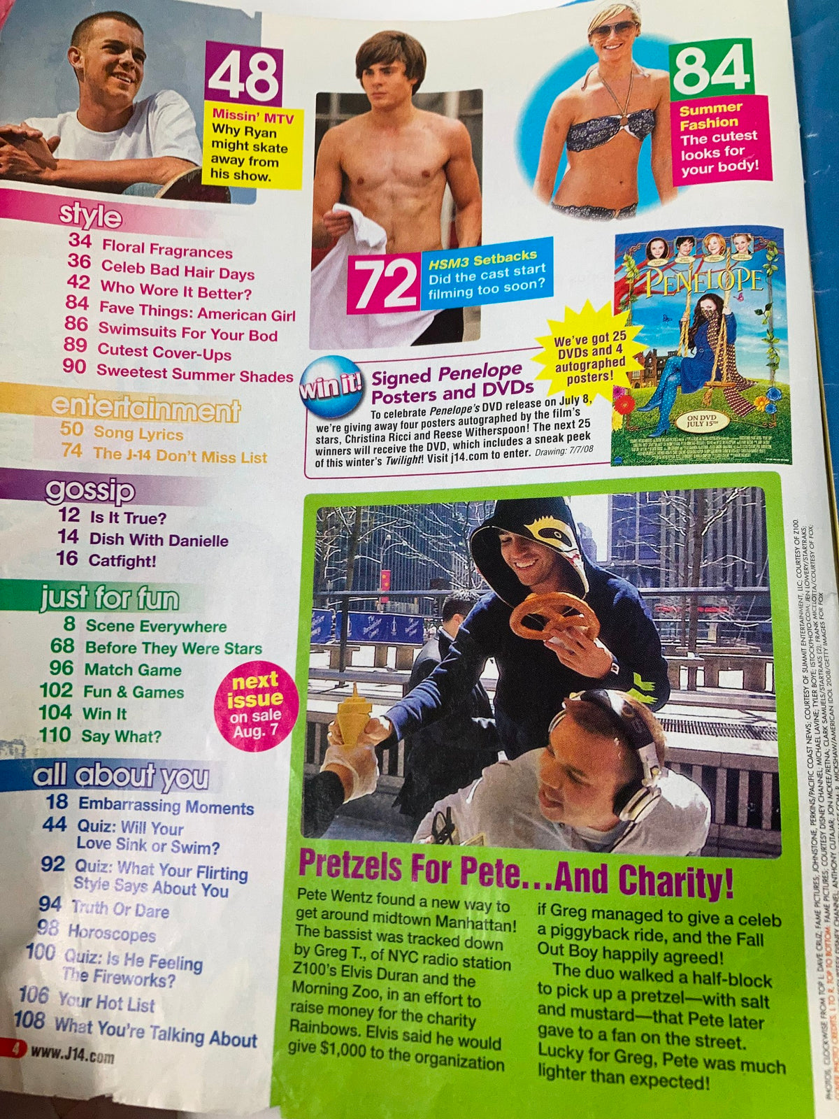 Magazine page from Just 4-Teens Magazine July 2008 detailing entertainment highlights and articles, showcasing teen stars and pop culture trends.