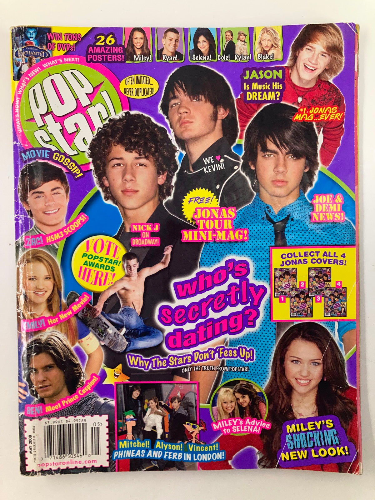 Cover of Pop Star Magazine May 2008 featuring Nick Jonas, Kevin Jonas, Joe Jonas, and Miley Cyrus. The vibrant layout highlights pop culture icons with headlines about dating and exclusive news.