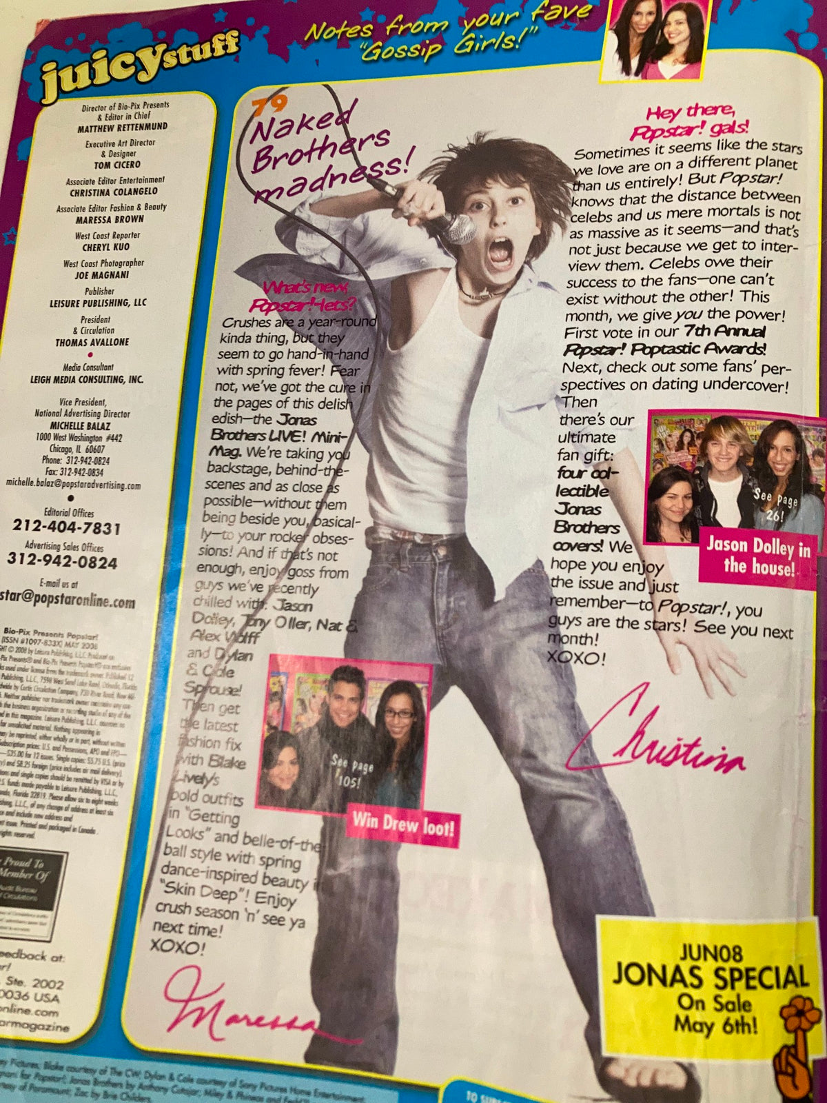 Pop Star Magazine May 2008 featuring a page with a photo of a male singer from the Naked Brothers Band, accompanied by handwritten fan messages and gossip notes.