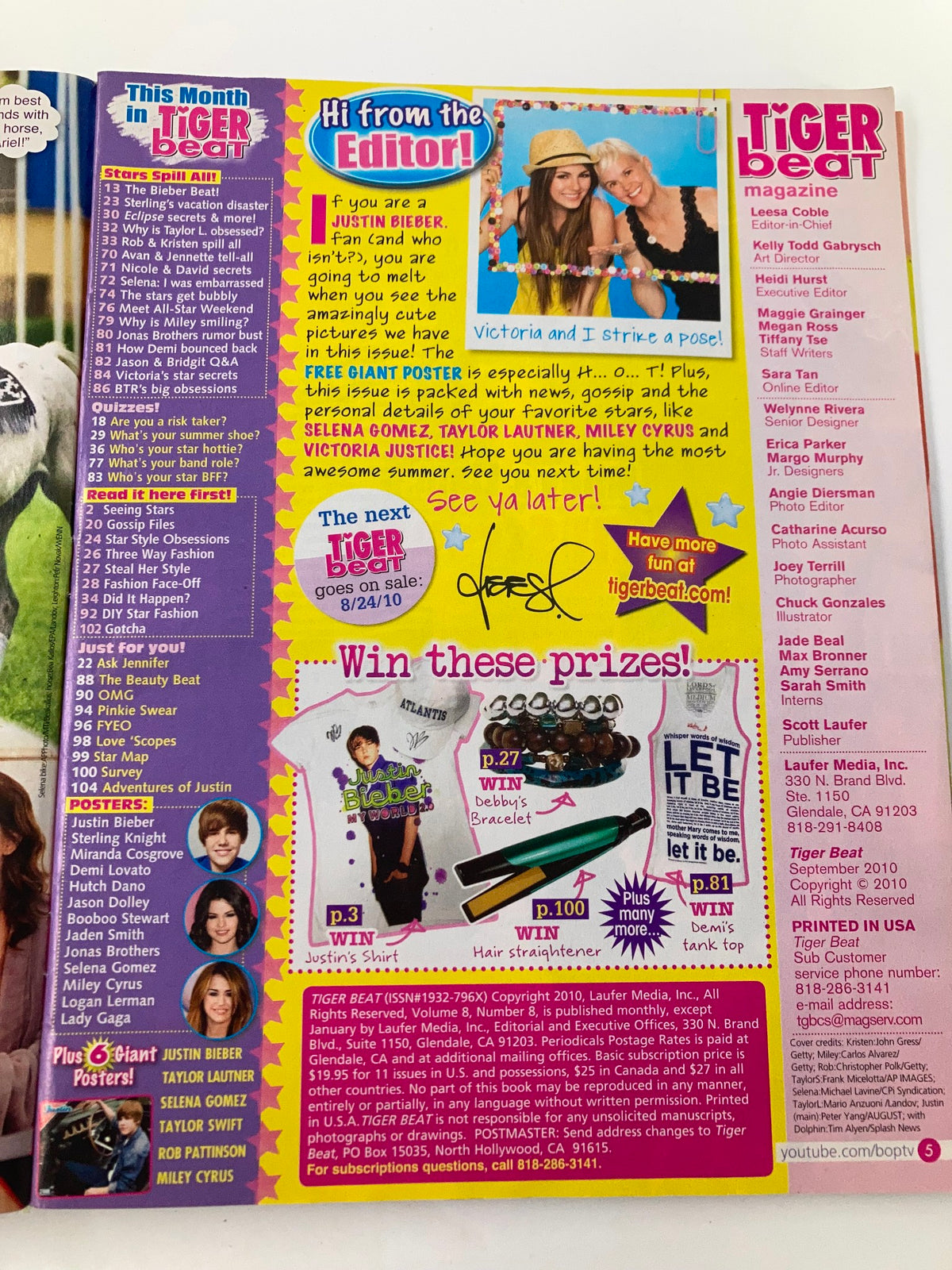 Tiger Beat Magazine September 2010 featuring a message from the editor and details on contests, showcasing pop culture of the era.
