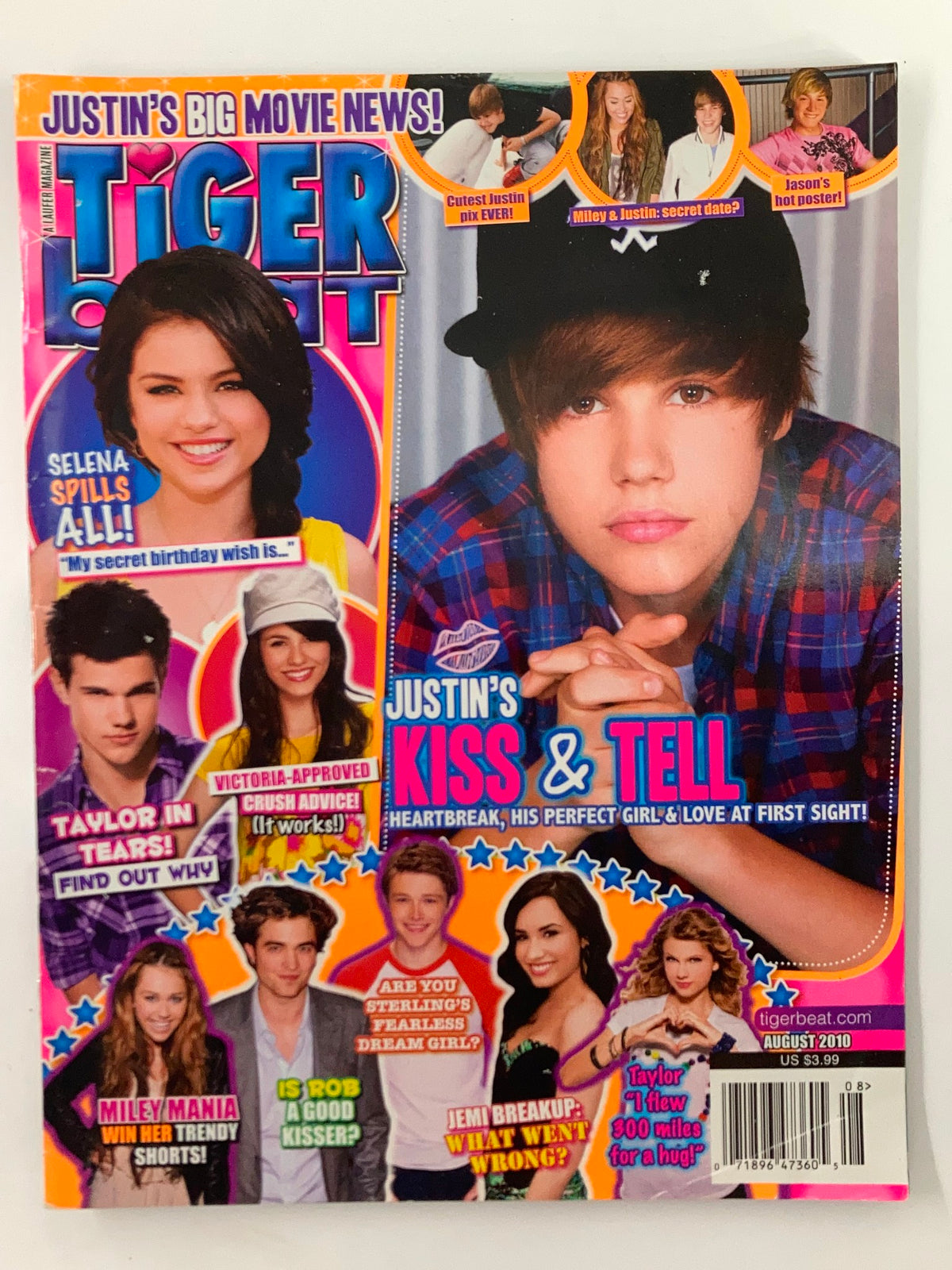 Tiger Beat Magazine August 2010 featuring Selena Gomez and Justin Bieber on the cover, showcasing pop culture icons of the era.