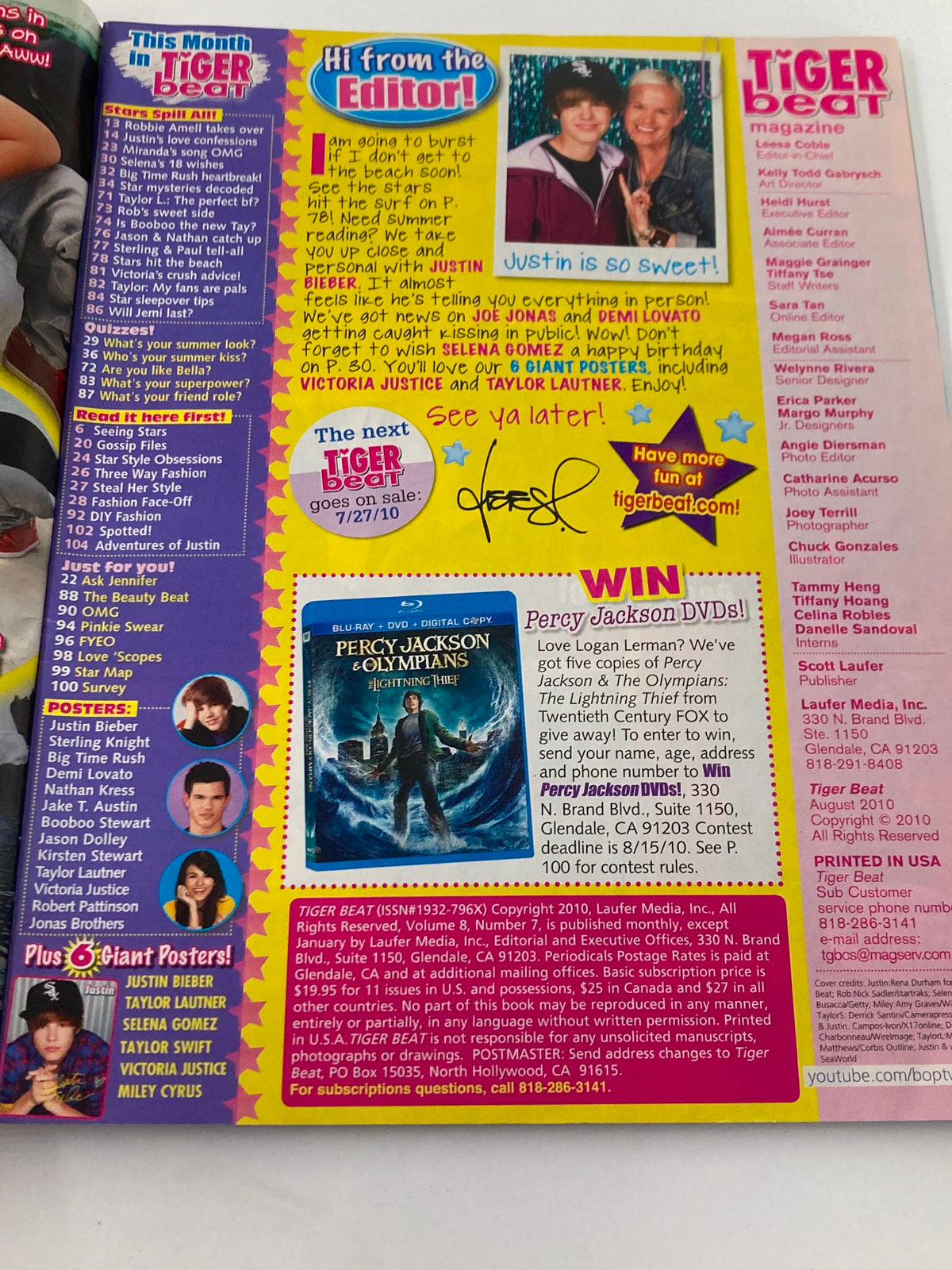 Inside page of Tiger Beat Magazine August 2010 with a message from the editor, highlighting Justin Bieber and competitions.