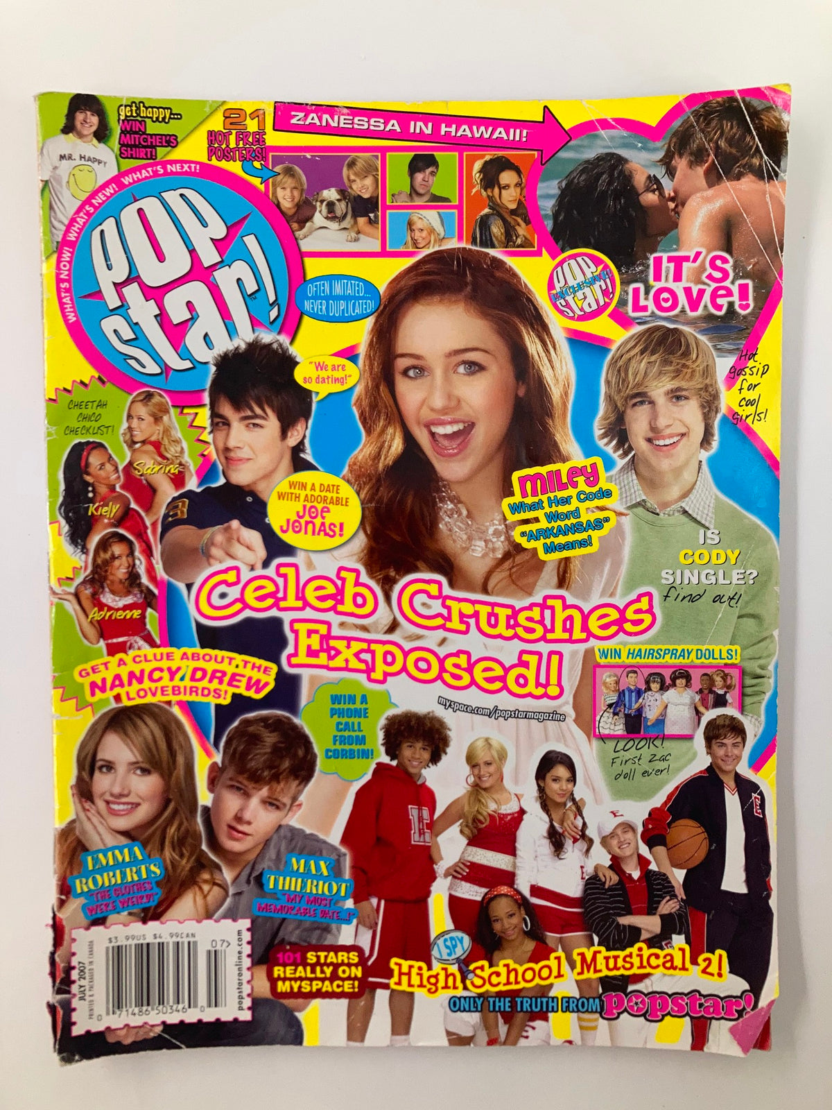 Pop Star Magazine July 2007 featuring Miley Cyrus on the cover, along with Justin Bieber and Joe Jonas, showcasing vibrant colors and trendy graphics popular in the 2000s.