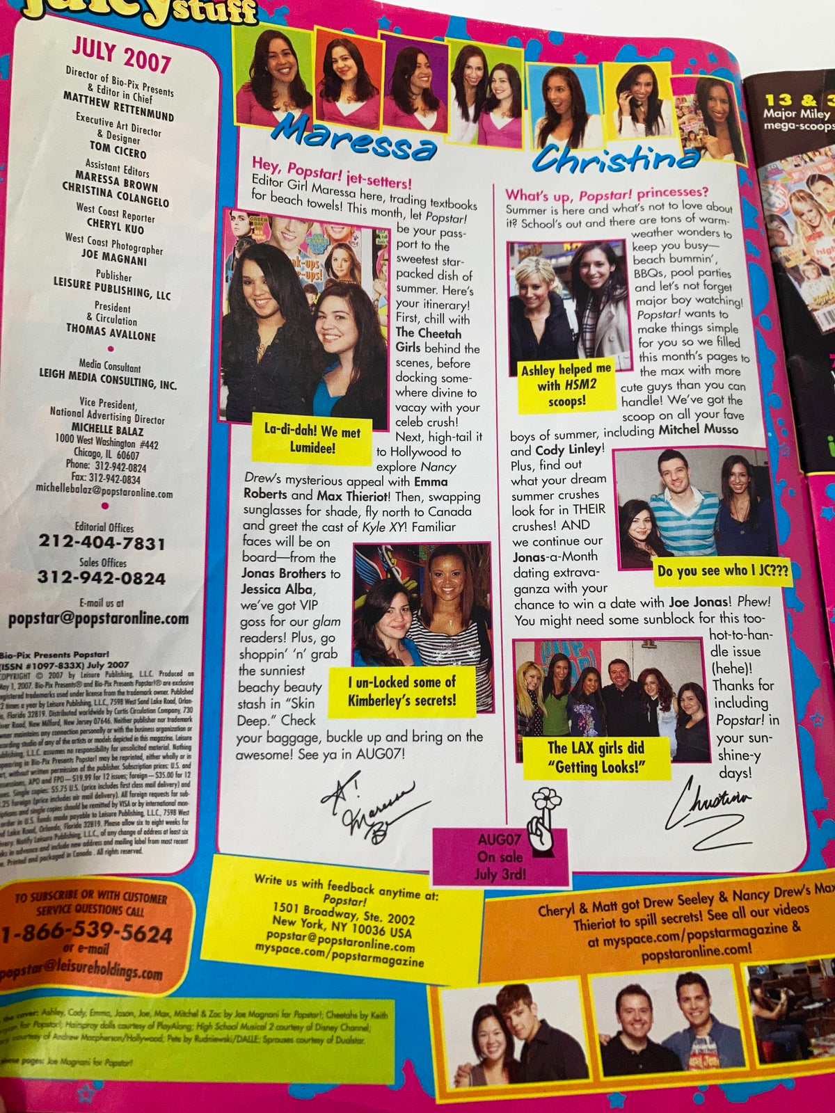 Pop Star Magazine July 2007 featuring Miley Cyrus, Justin Bieber & Joe Jonas, showcasing a colorful advertisement with young celebrities and engaging features.