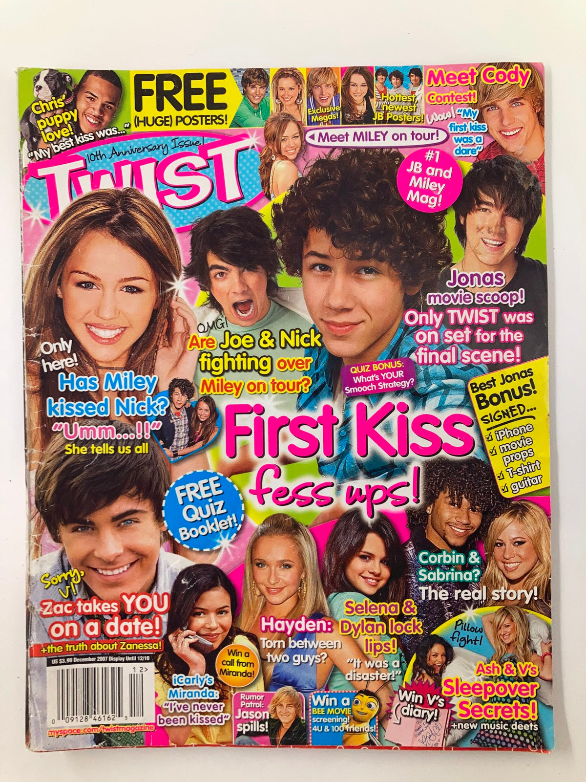 Twist Magazine December 2007 featuring Zac Efron, Joe & Nick Jonas, Miley Cyrus on the cover. The magazine includes headlines about first kisses and celebrity gossip, adorned with colorful graphics and photos of popular teen stars.