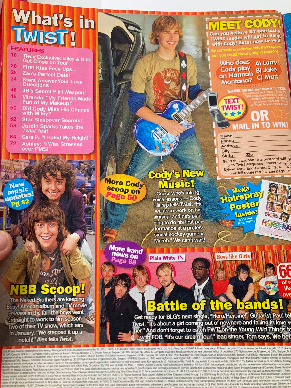 Inside page of Twist Magazine December 2007 showcasing features on Cody's music, band battles, and a quiz section.