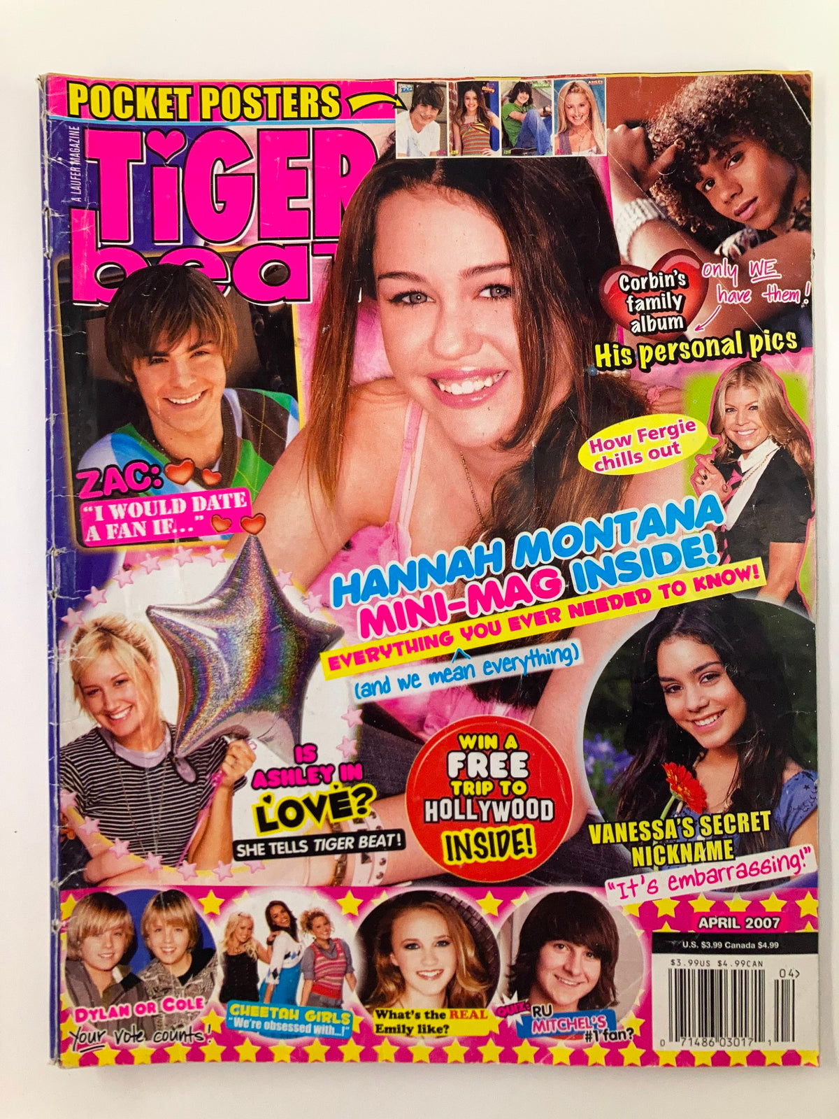 Tiger Beat Magazine April 2007 cover featuring Miley Cyrus, Vanessa Hudgens, and Corbin Bleu with colorful designs and headlines.