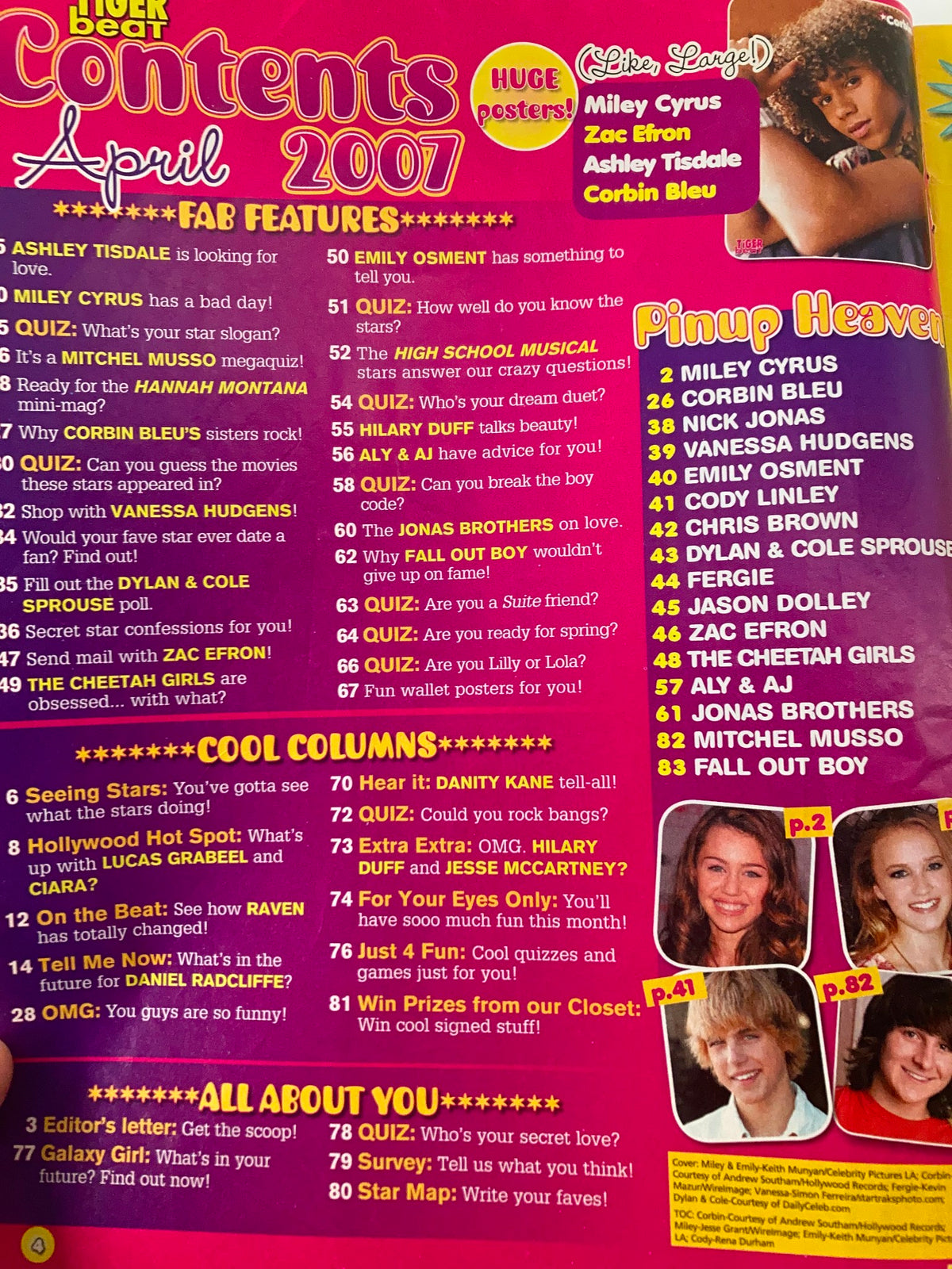 Contents page of the Tiger Beat Magazine April 2007 showcasing feature articles and pinup photos of Miley Cyrus, Vanessa Hudgens, and other popular stars.
