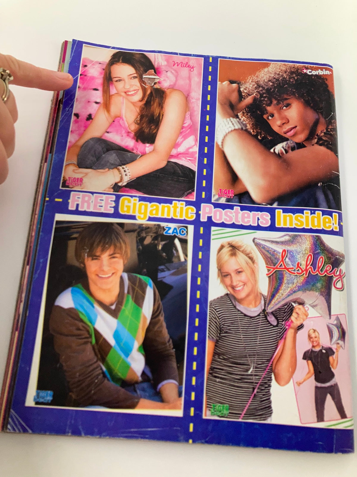 Back cover of Tiger Beat Magazine April 2007 showcasing free gigantic posters of Miley Cyrus and other teen stars including Corbin Bleu and Ashley Tisdale.