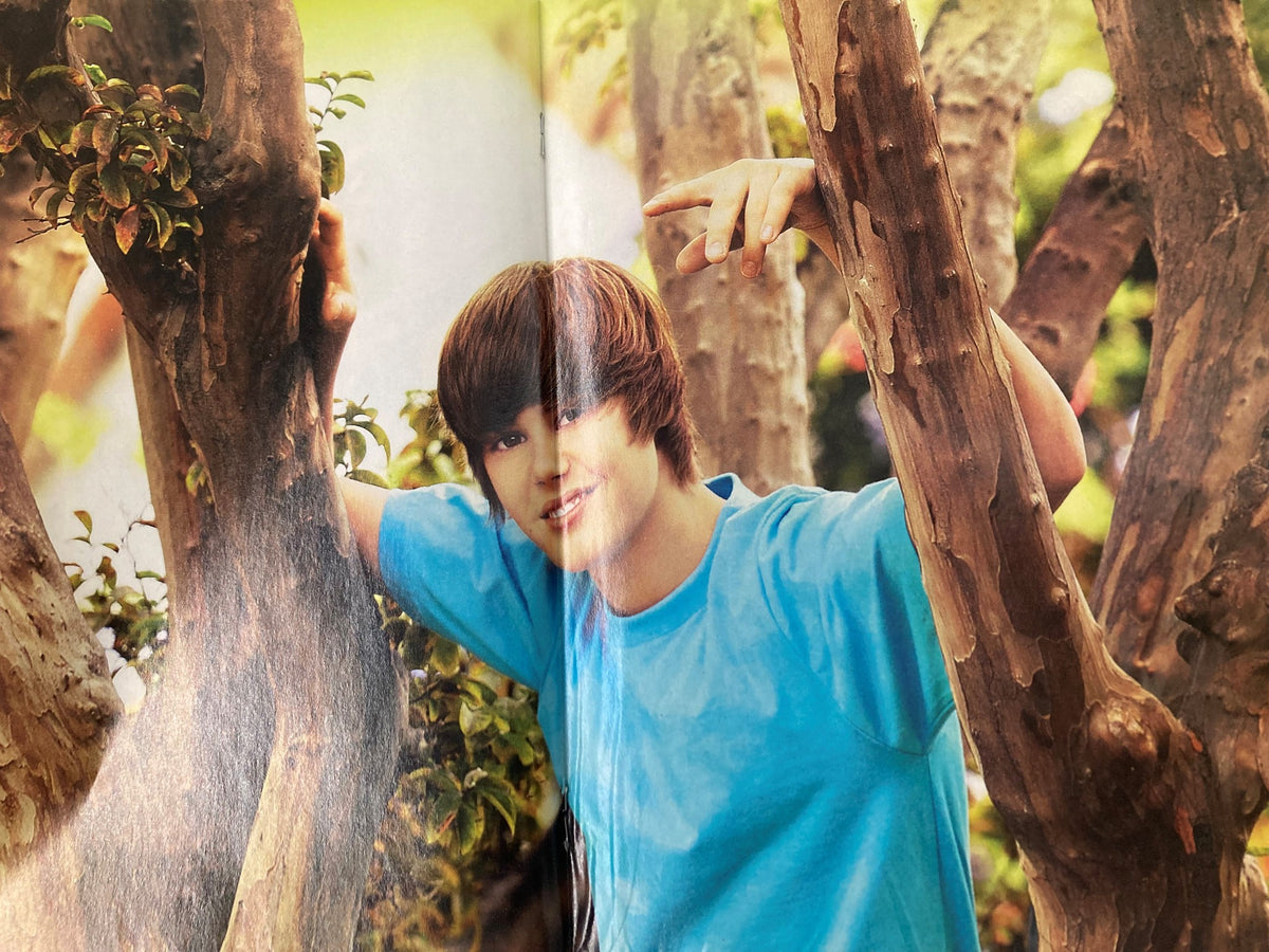 Twist Magazine April 2010 image of Justin Bieber posing in a tree, capturing the teen pop sensation's playful spirit.