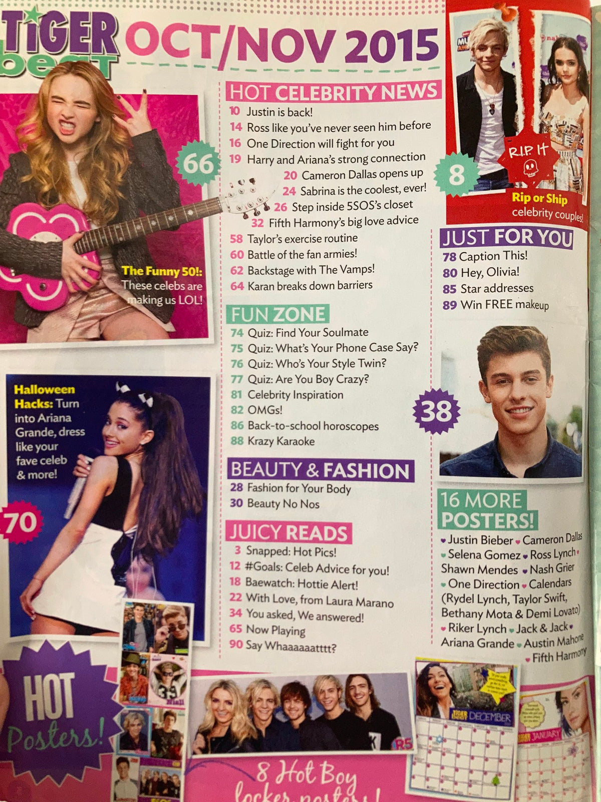 Inside page of Tiger Beat Magazine October 2015 showcasing celebrity sections including Justin Bieber and Ariana Grande.