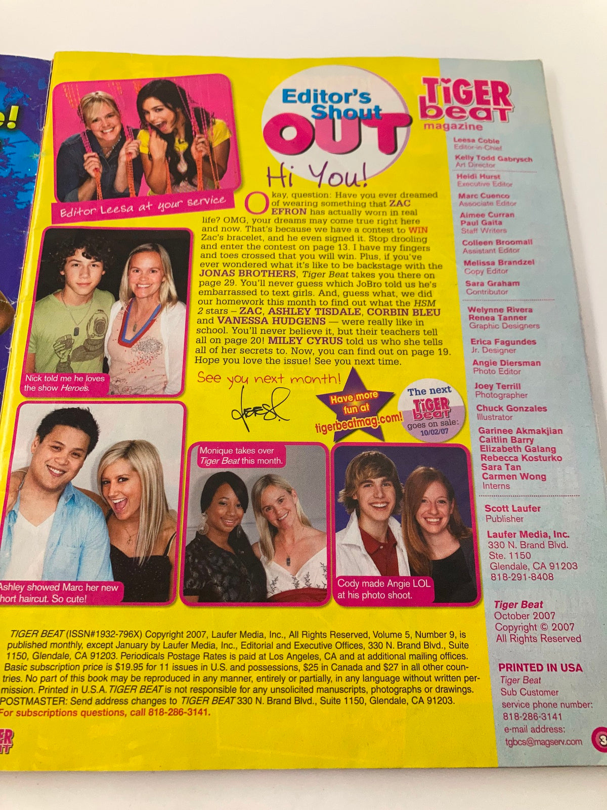 Inside page of Tiger Beat Magazine October 2007 with editor's shout-out and featured stars including Miley Cyrus and Ashley Tisdale.