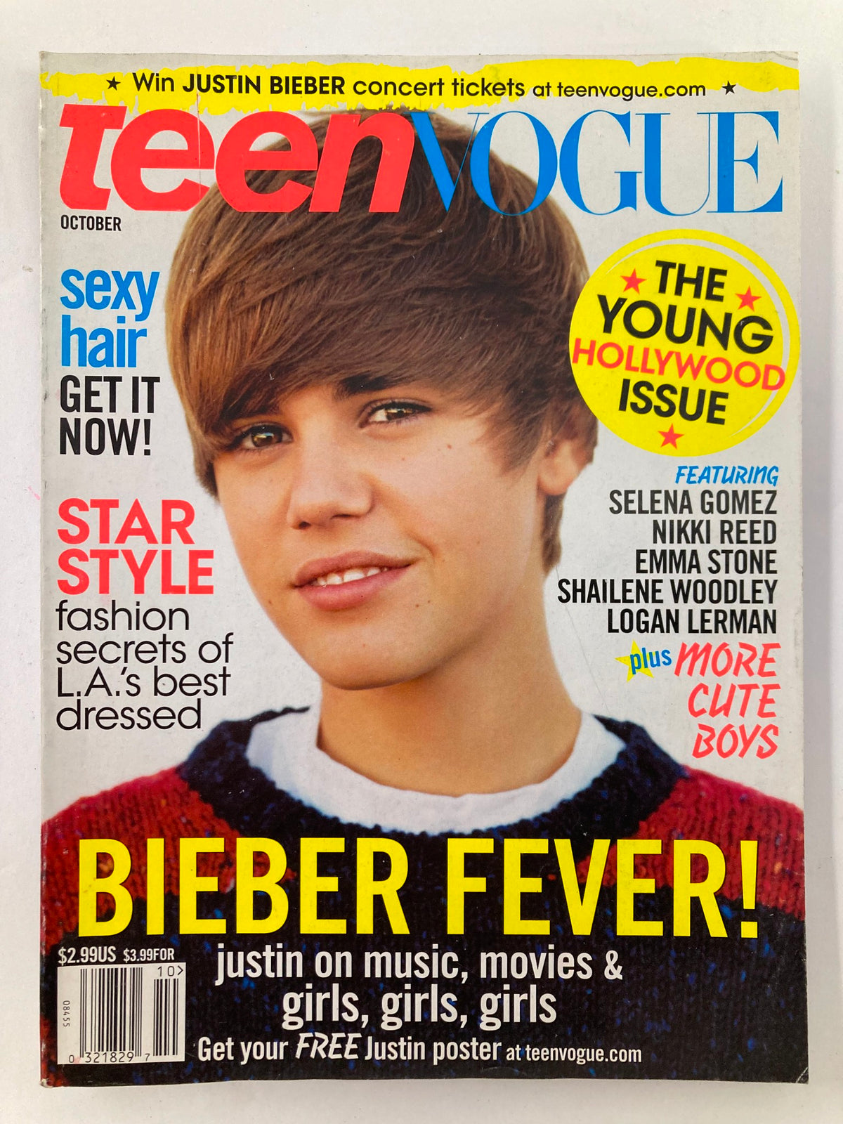 Teen Vogue Magazine October 2010 Cover featuring Justin Bieber and Selena Gomez, highlighting 'Bieber Fever!' and filled with fashion, celebrity interviews, and youthful trends.