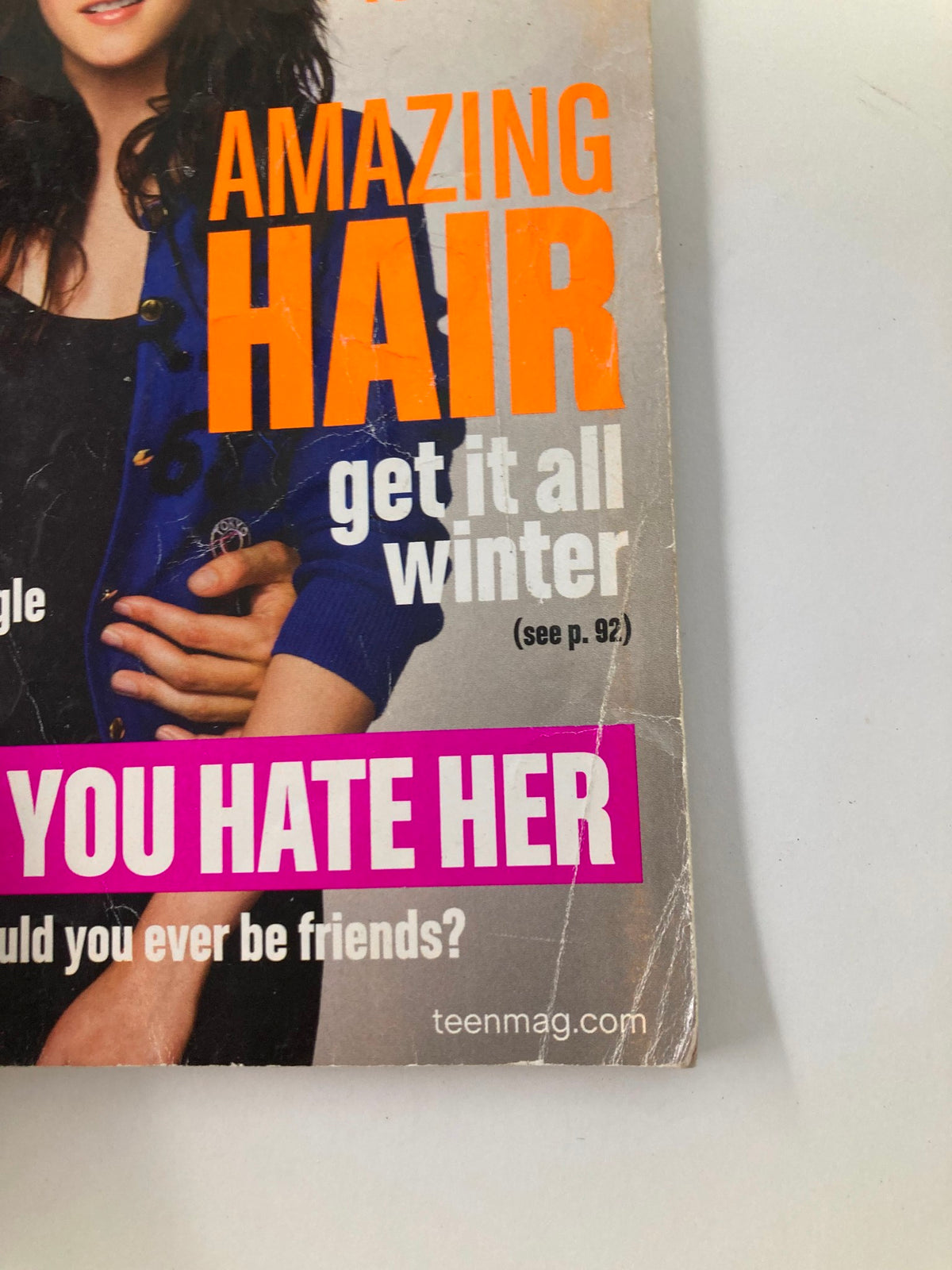 Front cover detail of Teen Magazine Winter 2009 with bold text saying 'AMAZING HAIR' and a question 'WOULD YOU HATE HER?' along with an image of a model, featuring Robert Pattinson and Kristen Stewart.