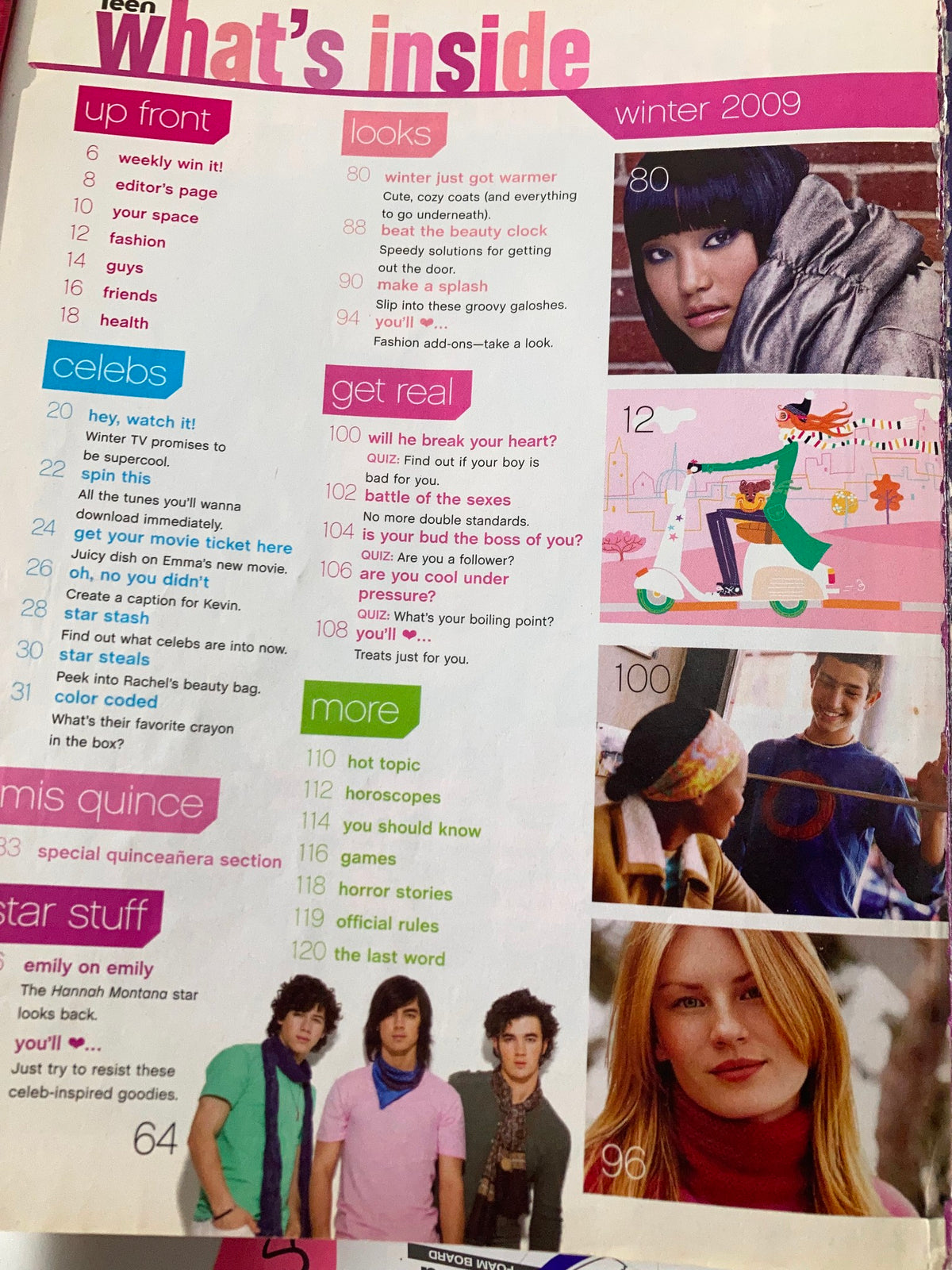 Table of contents page of Teen Magazine Winter 2009, highlighting articles and sections including celebrities, fashion looks, and winter trends featuring Robert Pattinson and Kristen Stewart.