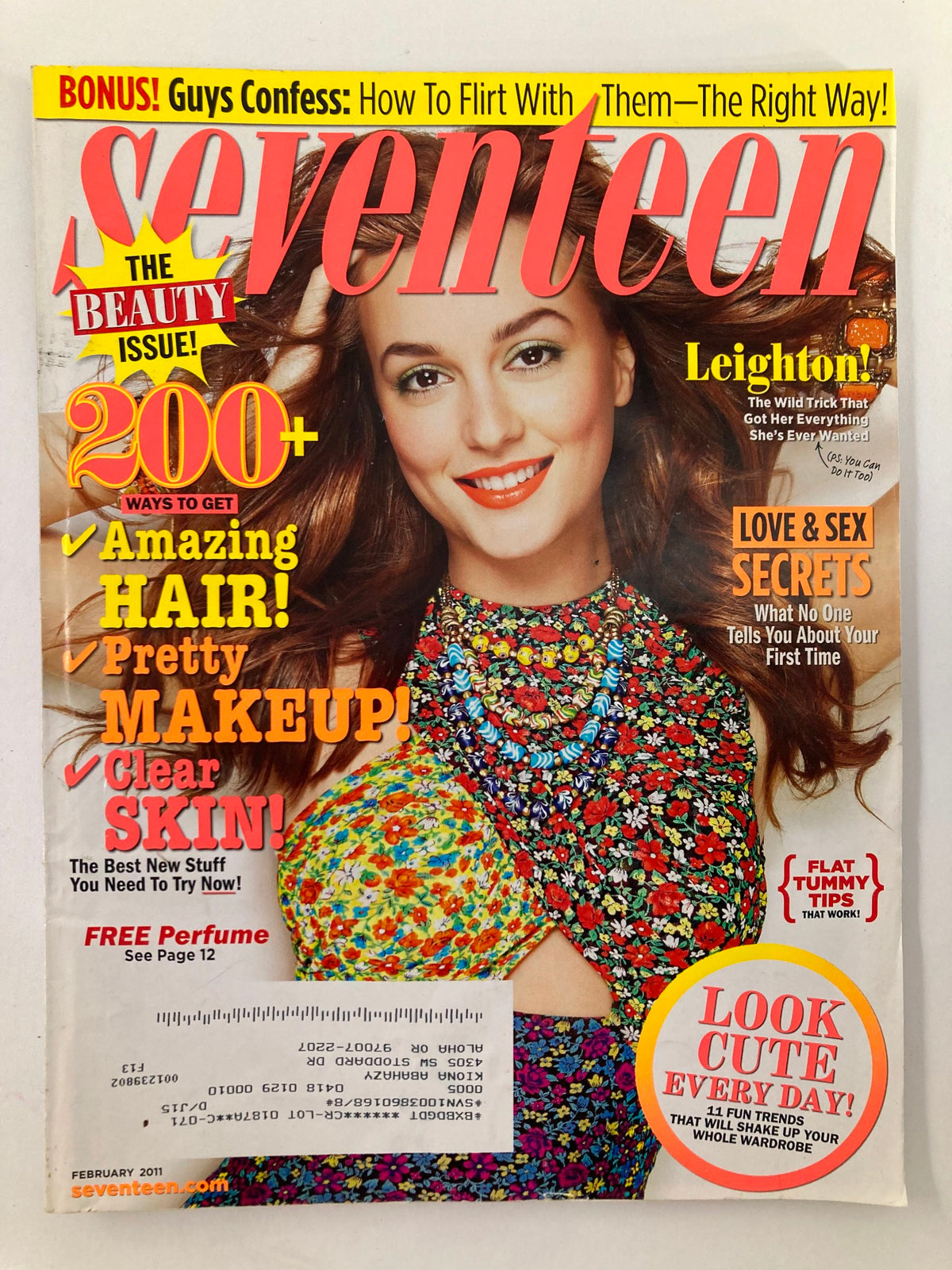 Seventeen Magazine February 2011 cover featuring Leighton Meester, titled 'The Wild Trick', showcasing vibrant colors and beauty tips for hair and makeup.