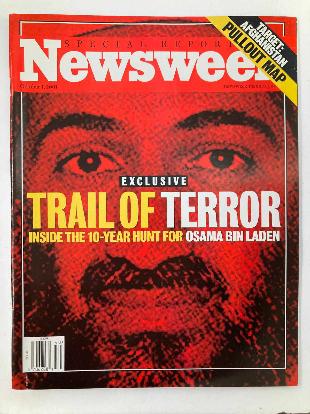 Cover of Newsweek Magazine October 1, 2001 featuring Osama bin Laden with the headline 'Trail of Terror' showcasing an exclusive report on the hunt for Osama bin Laden.