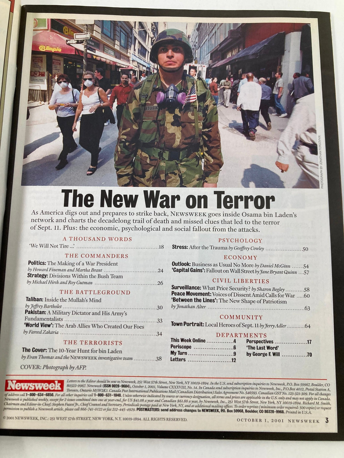 Inside page of Newsweek Magazine October 1, 2001 discussing 'The New War on Terror', highlighting Osama bin Laden's network and the psychological fallout from the September 11 attacks.