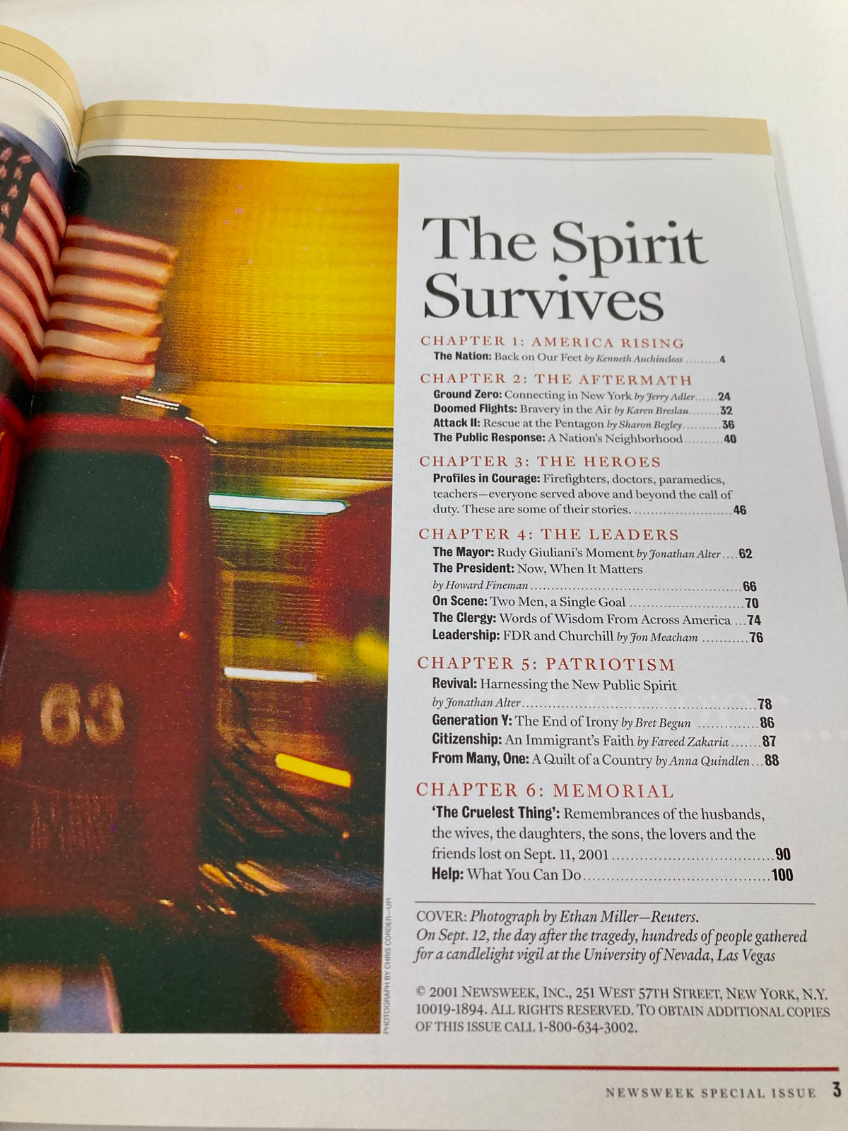 Inside page of Newsweek Magazine Fall 2001 The Spirit of America, showcasing the table of contents including a section titled 'The Spirit Survives'.