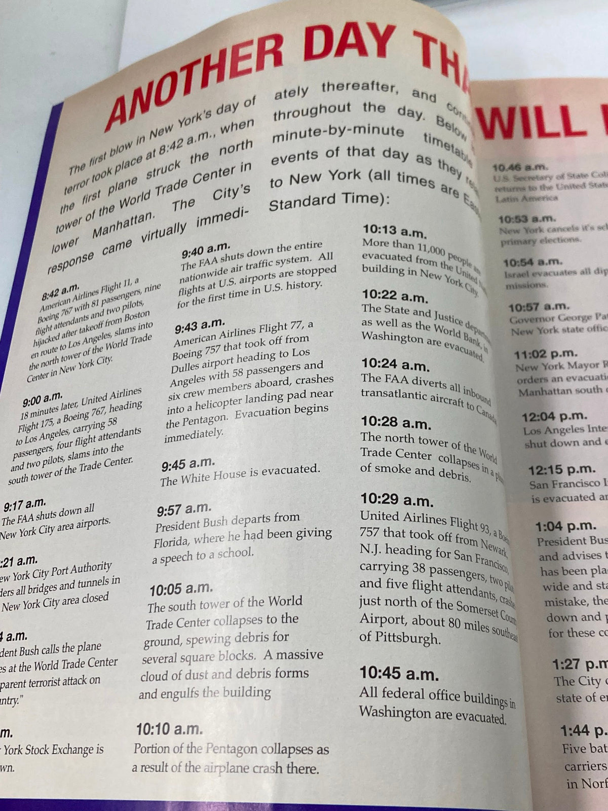 Interior page of 'September 11 2001 Standing Strong: The Spirit of New York' detailing the timeline of events on September 11, showing the impact of the tragic day in New York.