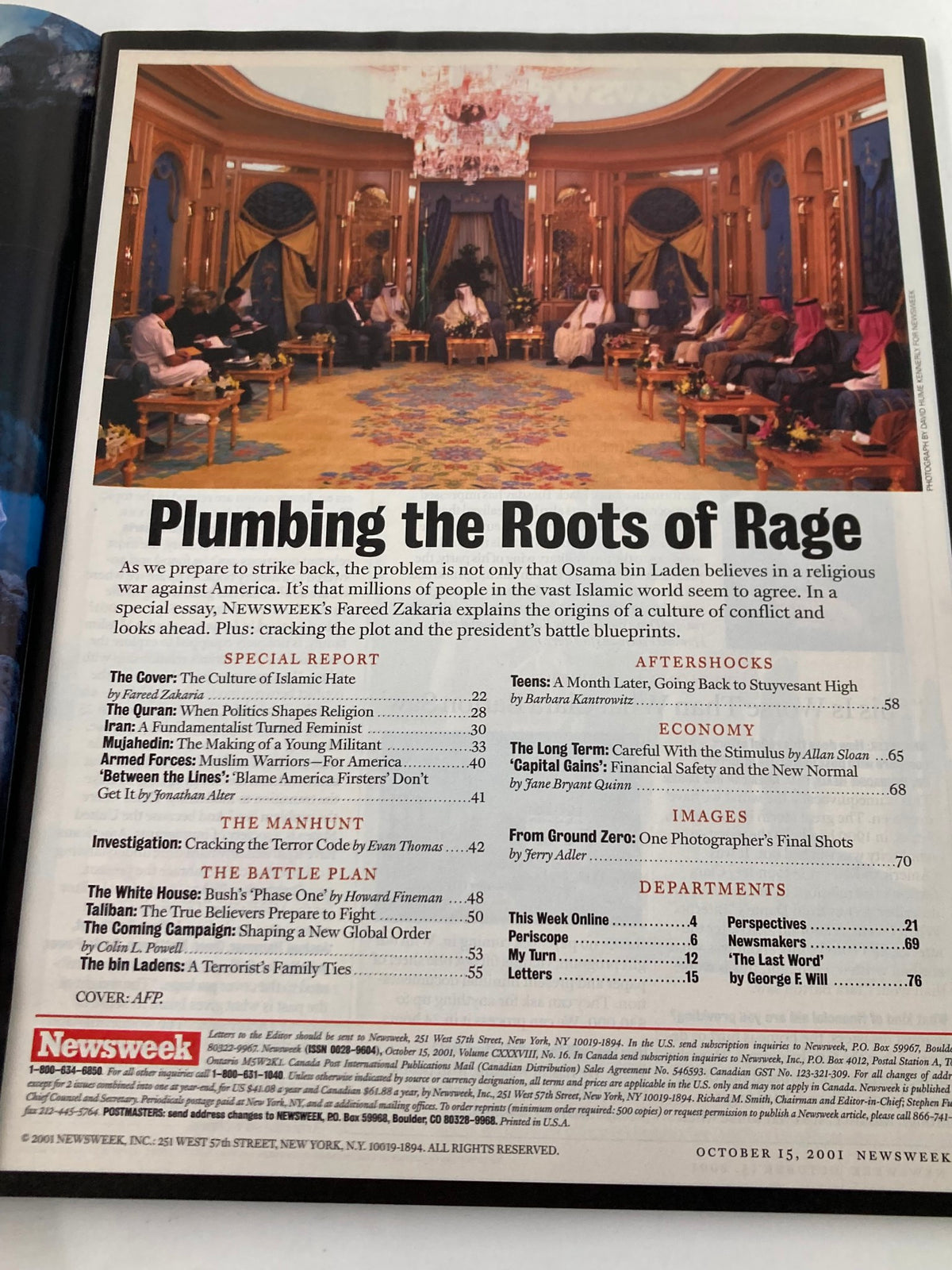 Inside page of Newsweek Magazine from October 15, 2001, detailing the article 'Plumbing the Roots of Rage,' discussing Islamic rage in response to U.S. actions.