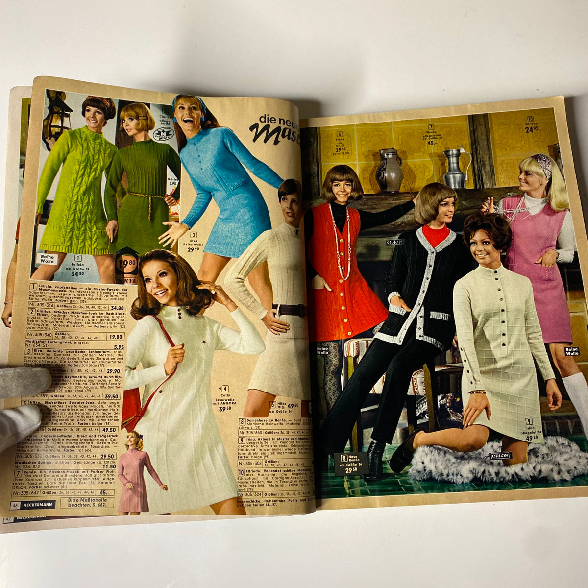 A colorful page from the 1973 Neckermann Summer Catalog highlighting vibrant knitwear styles, featuring models in lively dresses perfect for summer fashion lovers.