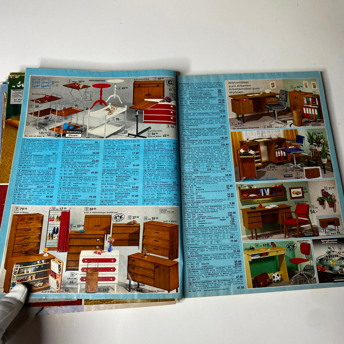 Gallery of retro furniture designs from the 1973 Neckermann Summer Catalog, showcasing colorful desks, storage units, and home décor items.