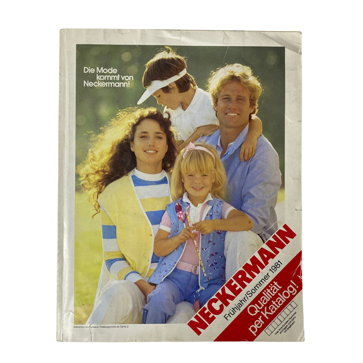 Cover of the 1981 Neckermann Summer Catalog featuring a family in fashionable summer attire against a nature background. The catalog highlights early 1980s summer fashion trends.