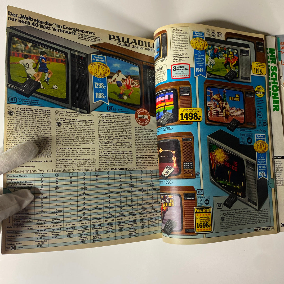 TV advertising spread from the 1981 Neckermann Summer Catalog highlighting color televisions and appliances, emphasizing energy efficiency and design of the era.