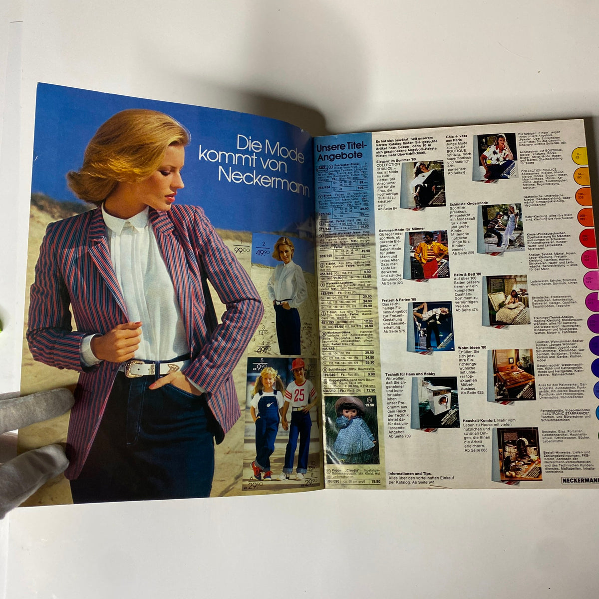 Inside page of the 1980 Neckermann Summer Catalog showing a model wearing a striped blazer and displaying various fashion offers and styles.