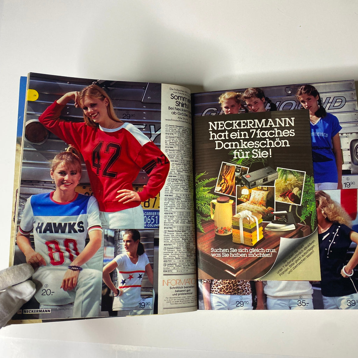 Interior layout of the 1980 Neckermann Summer Catalog featuring models in vibrant summer shirts and promotional advertisements.