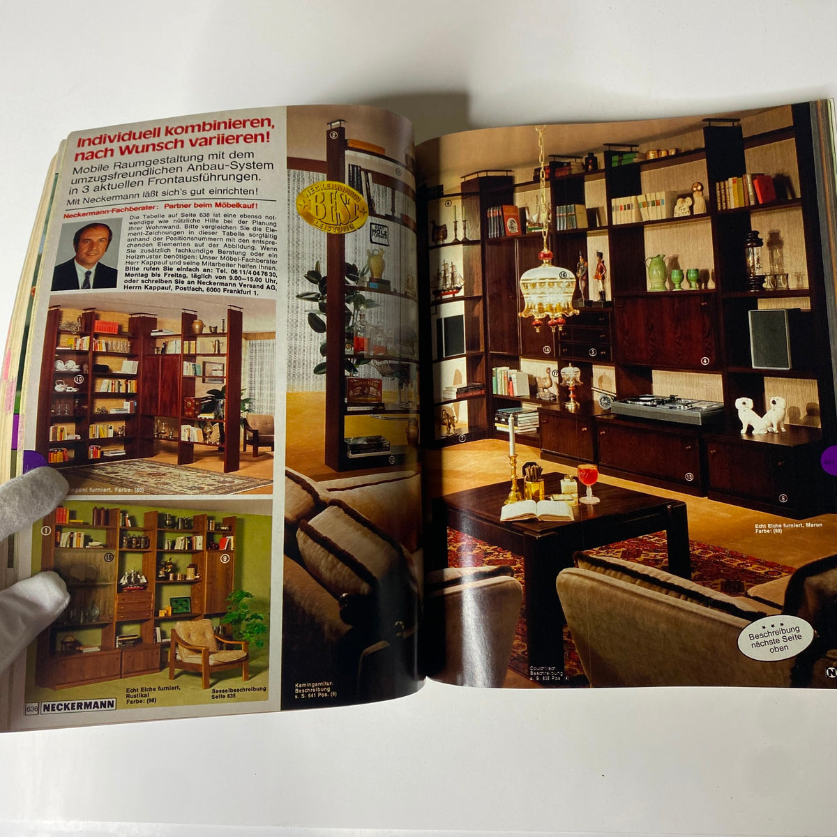 1980 Neckermann Summer Catalog displaying stylish home furniture arrangements, including a modern living room setup with shelves and decor, ideal for retro interior design lovers.