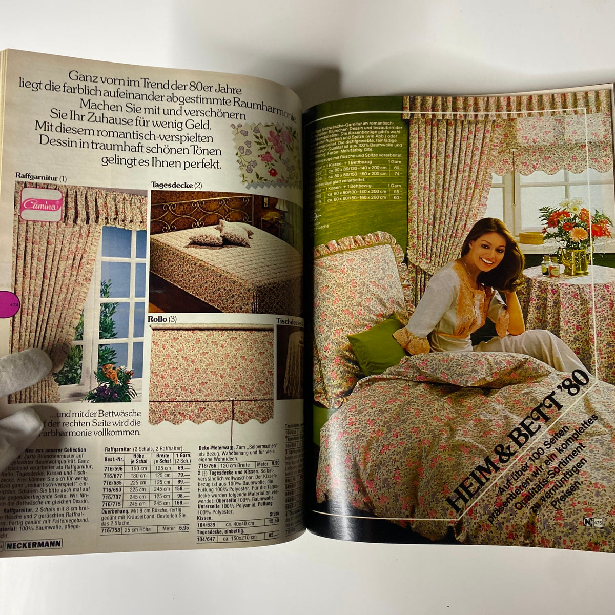 1980 Neckermann Summer Catalog highlighting floral patterned bedding and curtains, with a model showcasing charming home decor trends from the 1980s.