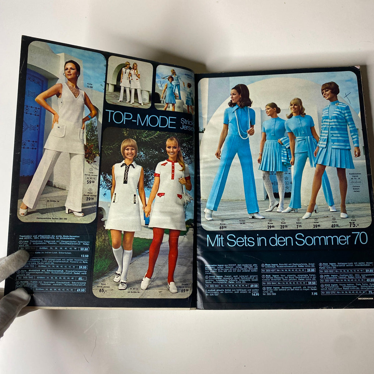 Inside pages of the 1970 Neckermann Summer Catalog showcasing various summer outfits and styles, including dresses and jumpsuits popular in the 1970s.