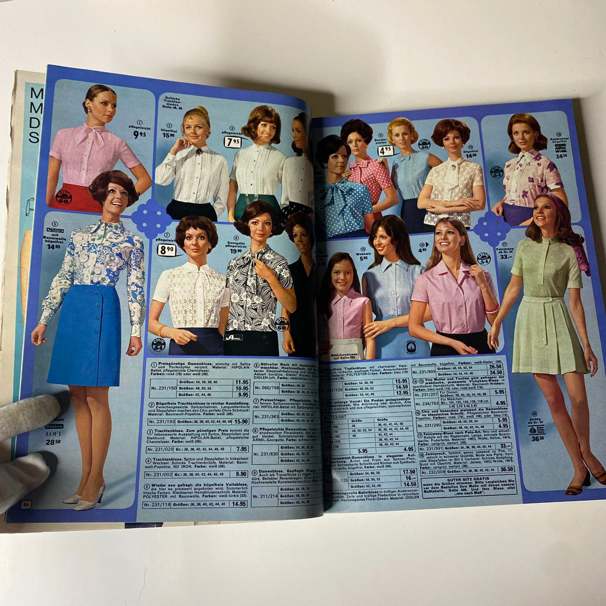 1970 Neckermann Summer Catalog displaying a selection of women's shirts and blouses with floral patterns and pastel colors on models, representing the summer fashion styles of 1970.